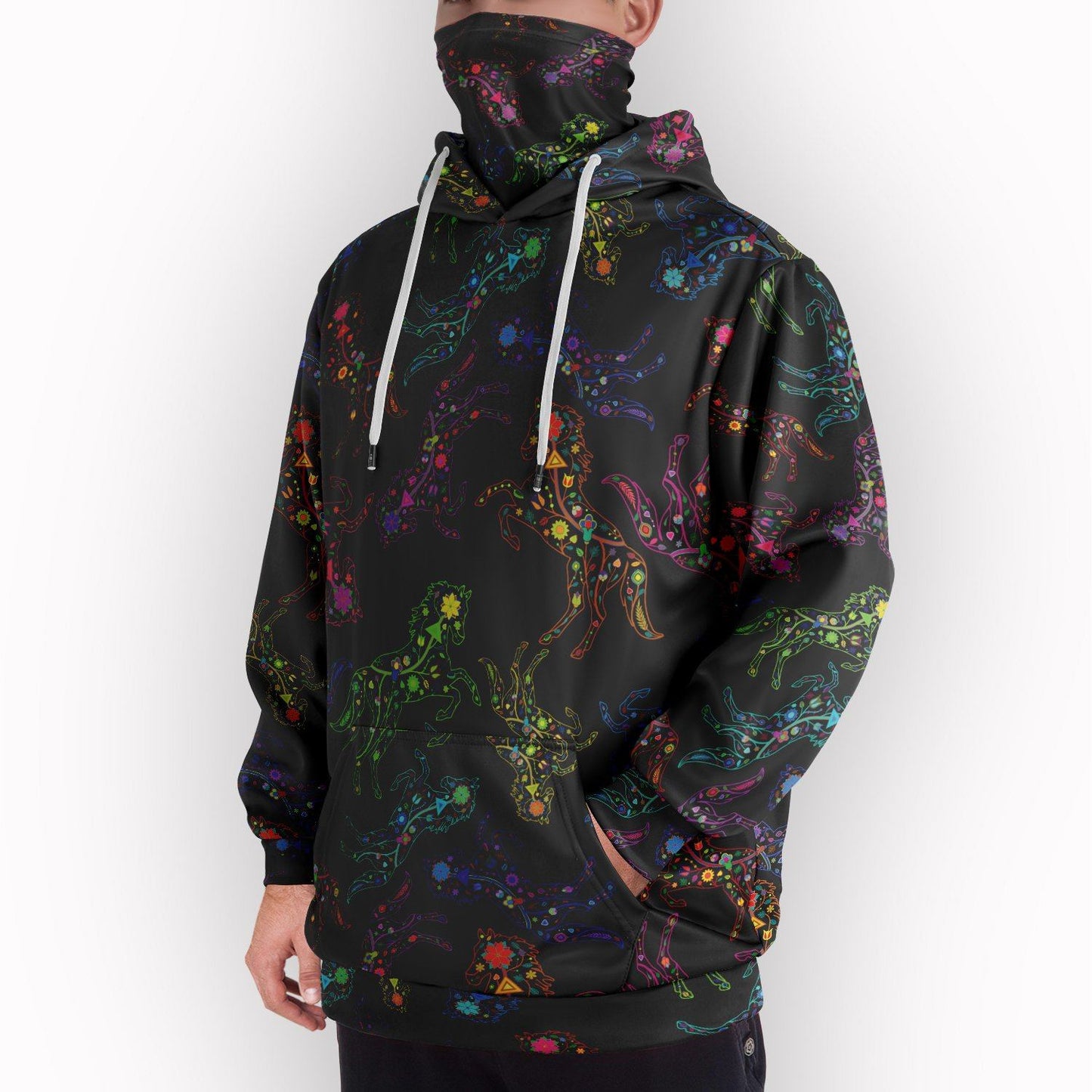 Neon Floral Horses Hoodie with Face Cover 49 Dzine 