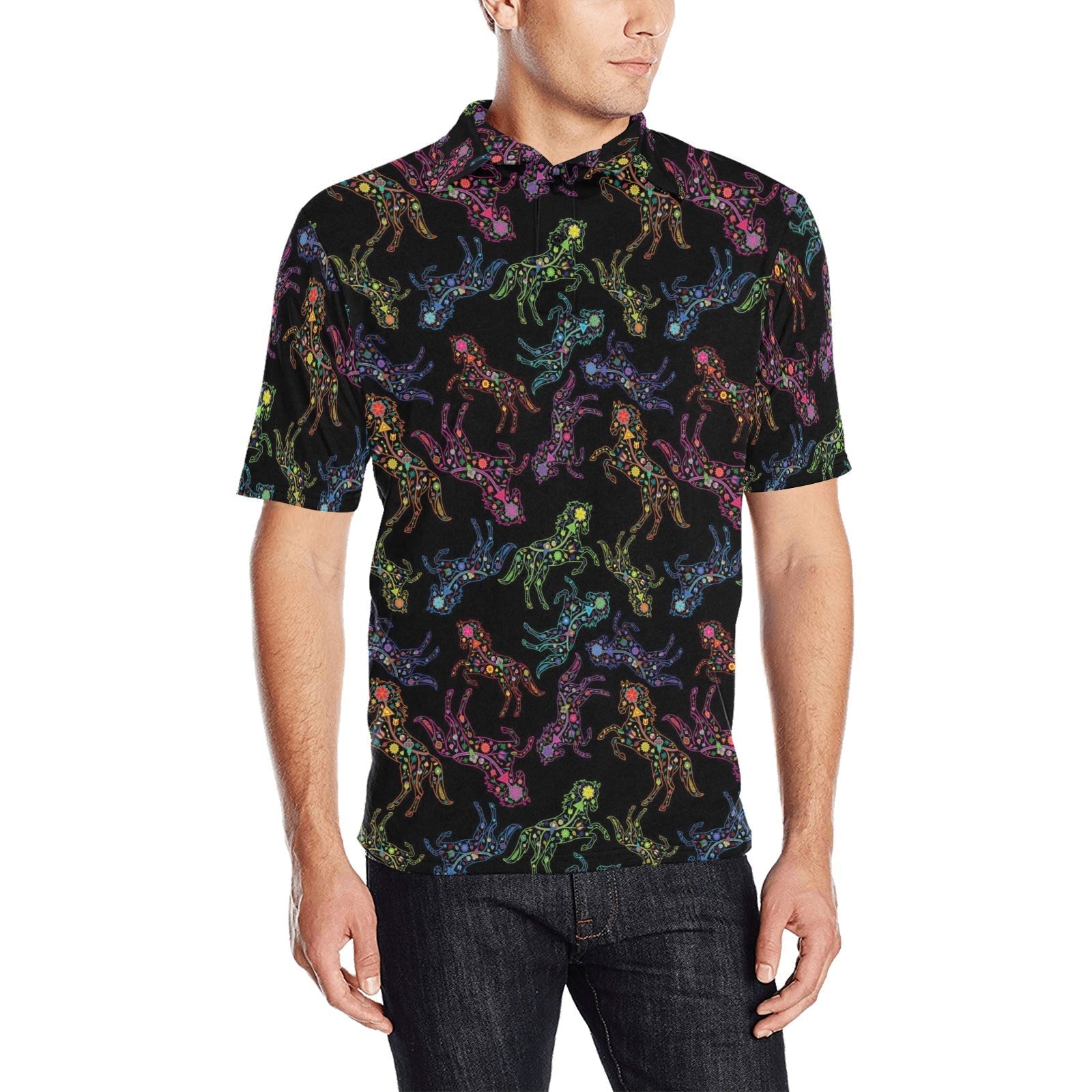 Neon Floral Horses Men's All Over Print Polo Shirt (Model T55) Men's Polo Shirt (Model T55) e-joyer 