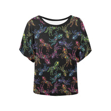 Load image into Gallery viewer, Neon Floral Horses Women&#39;s Batwing-Sleeved Blouse T shirt (Model T44) Women&#39;s Batwing-Sleeved Blouse T shirt (T44) e-joyer 
