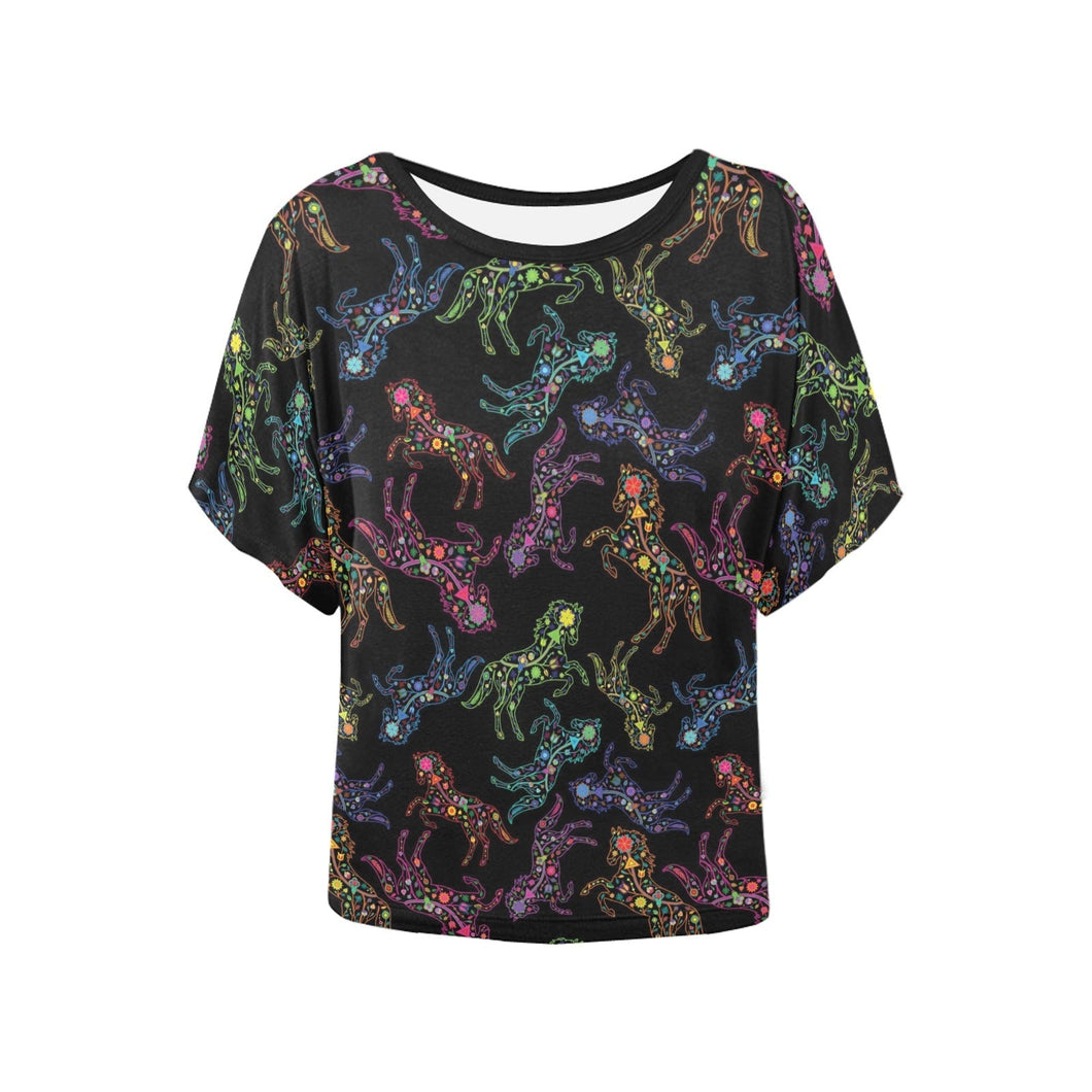 Neon Floral Horses Women's Batwing-Sleeved Blouse T shirt (Model T44) Women's Batwing-Sleeved Blouse T shirt (T44) e-joyer 