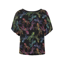 Load image into Gallery viewer, Neon Floral Horses Women&#39;s Batwing-Sleeved Blouse T shirt (Model T44) Women&#39;s Batwing-Sleeved Blouse T shirt (T44) e-joyer 
