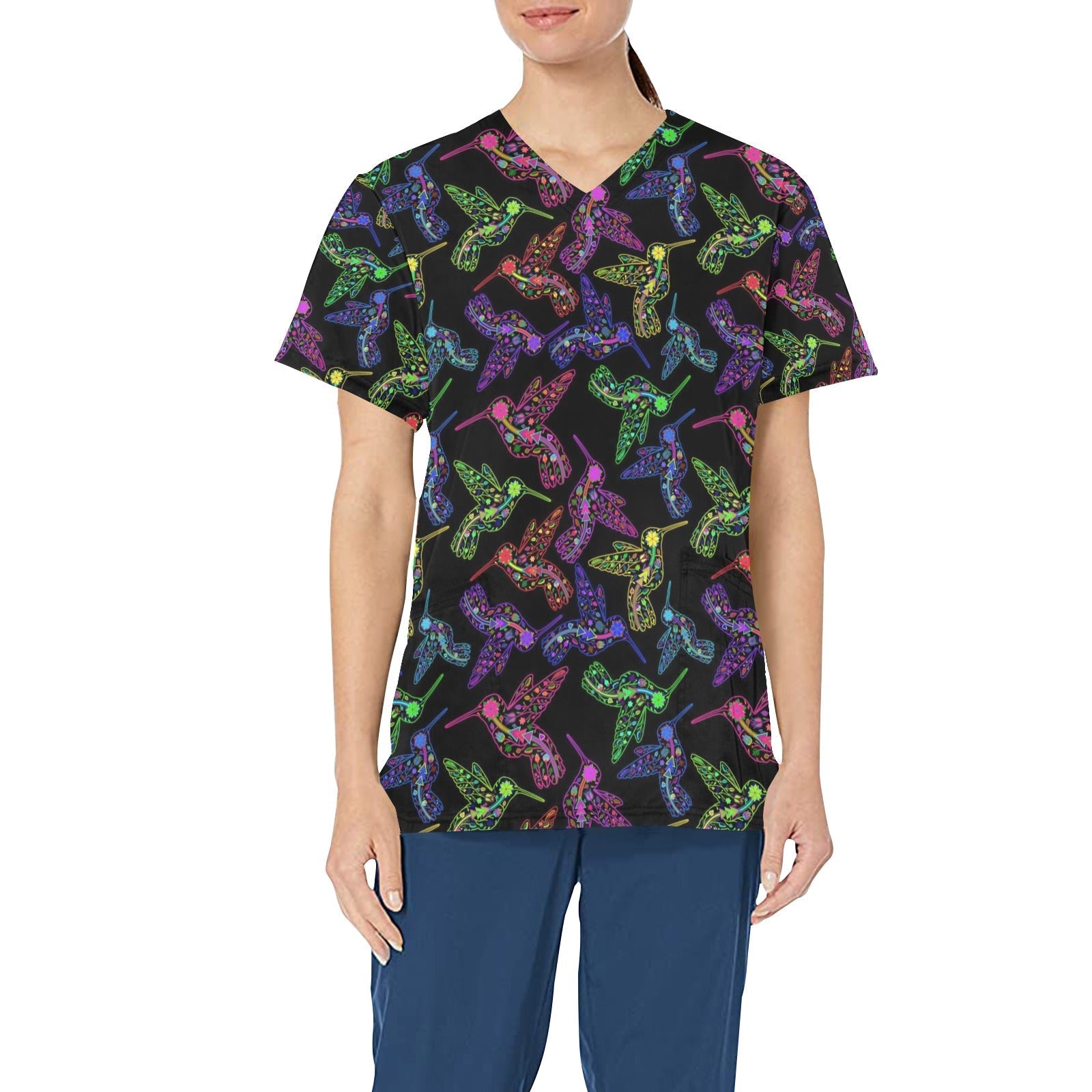 Neon Floral Hummingbirds All Over Print Scrub Top Scrub Top e-joyer 