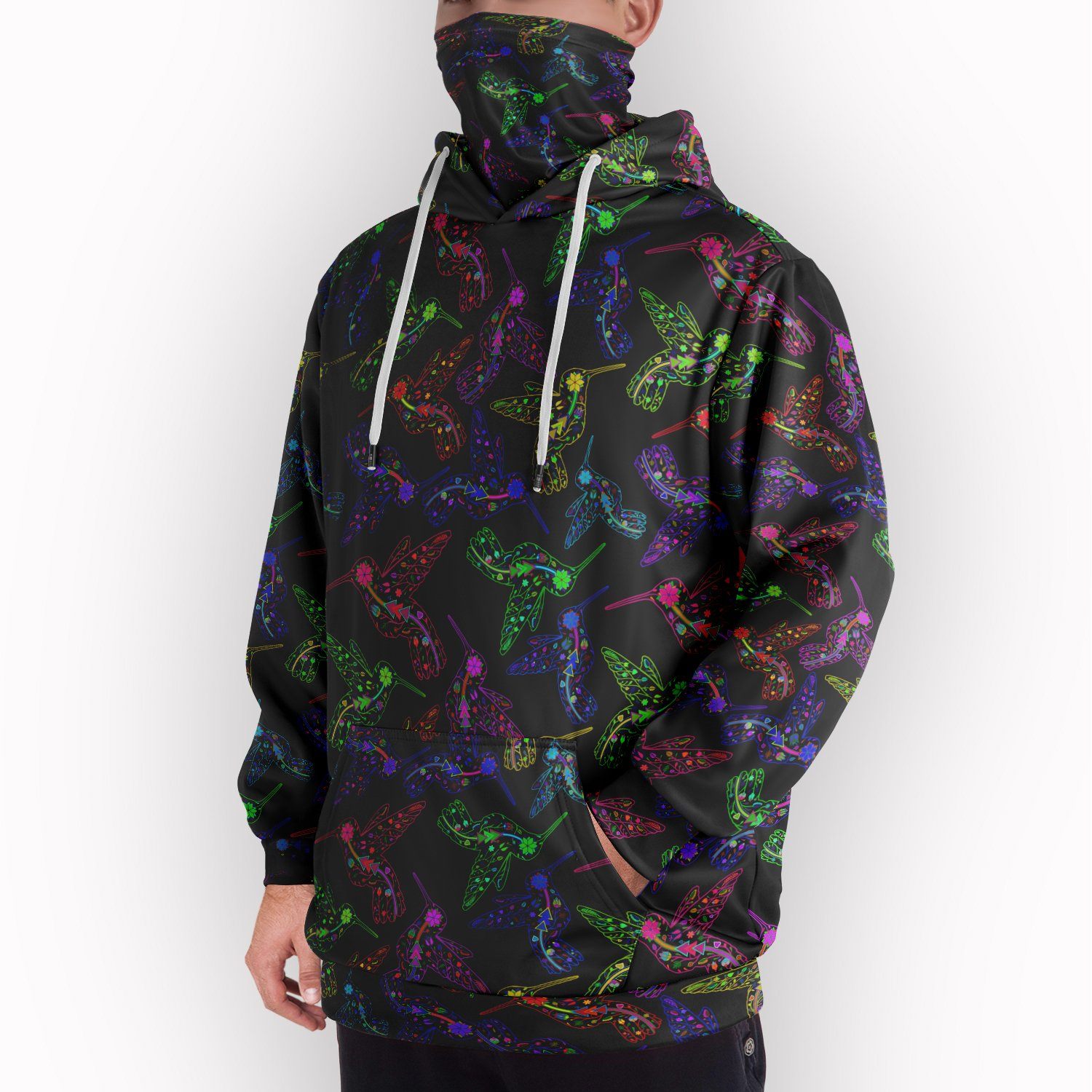 Neon Floral Hummingbirds Hoodie with Face Cover 49 Dzine 