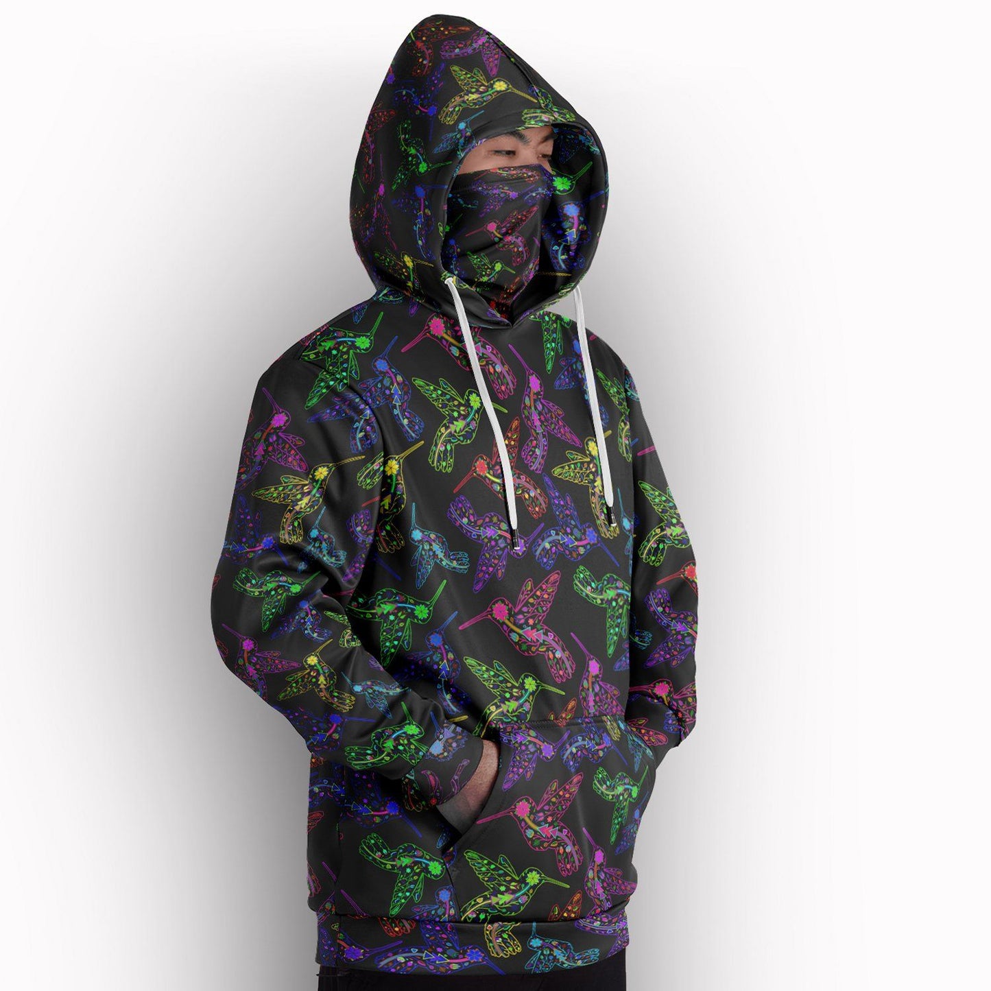 Neon Floral Hummingbirds Hoodie with Face Cover 49 Dzine 