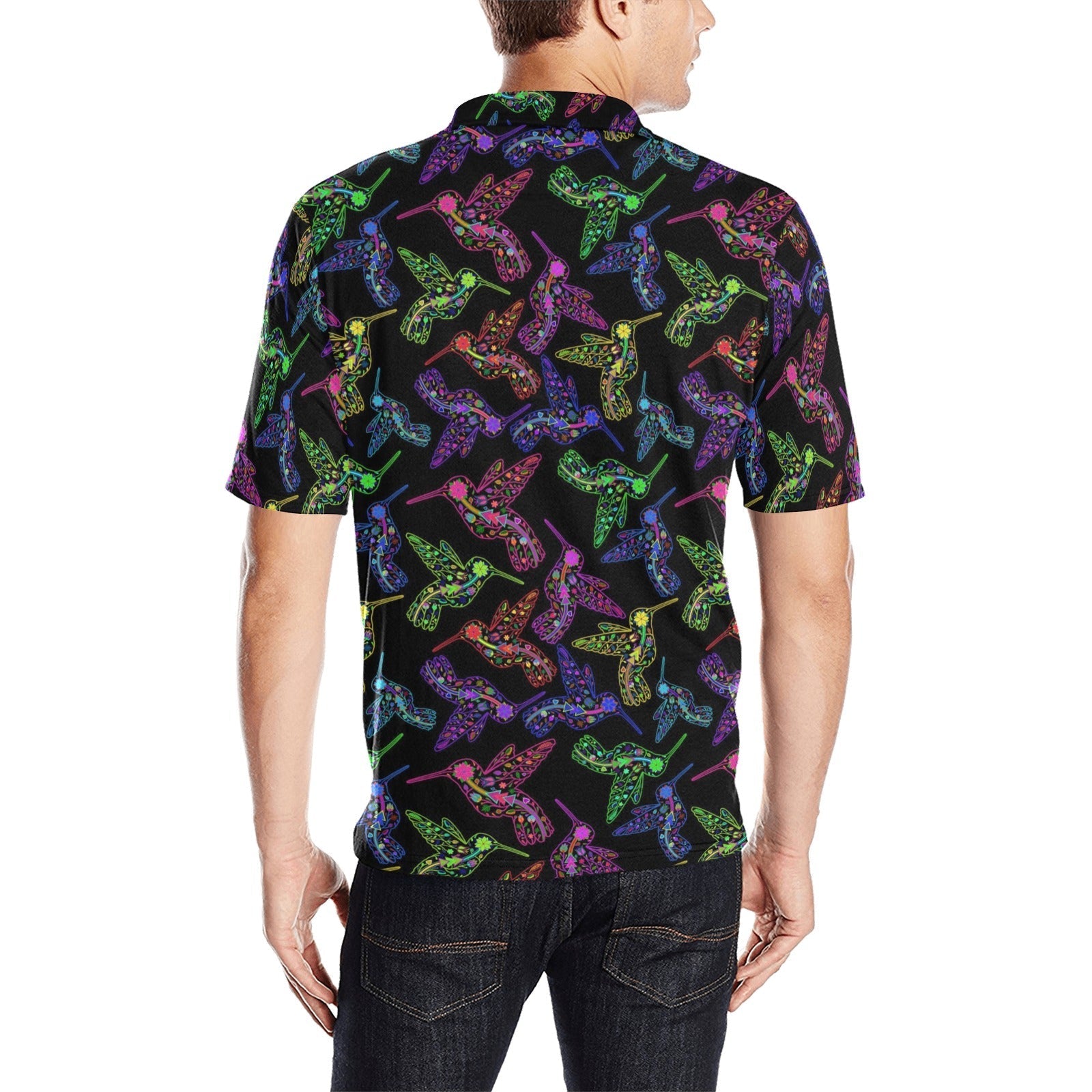 Neon Floral Hummingbirds Men's All Over Print Polo Shirt (Model T55) Men's Polo Shirt (Model T55) e-joyer 