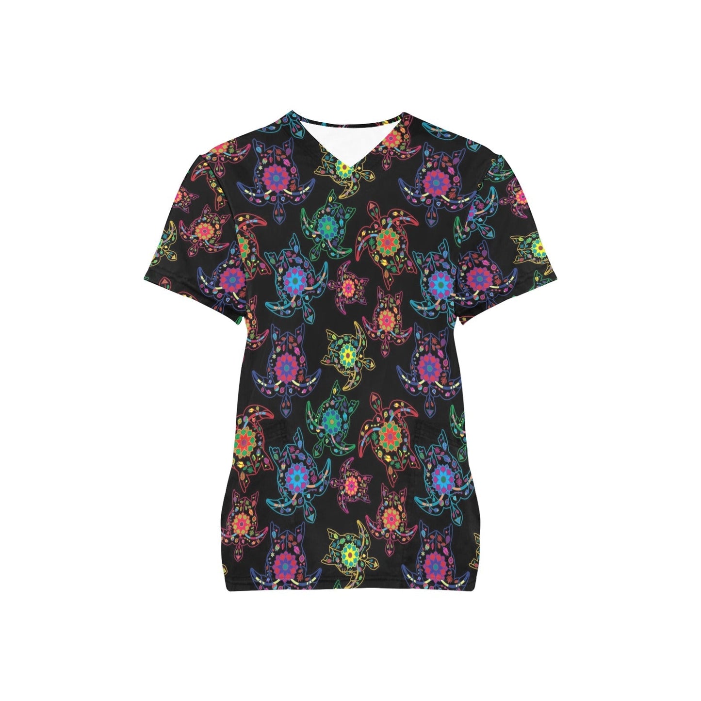 Neon Floral Turtle All Over Print Scrub Top Scrub Top e-joyer 