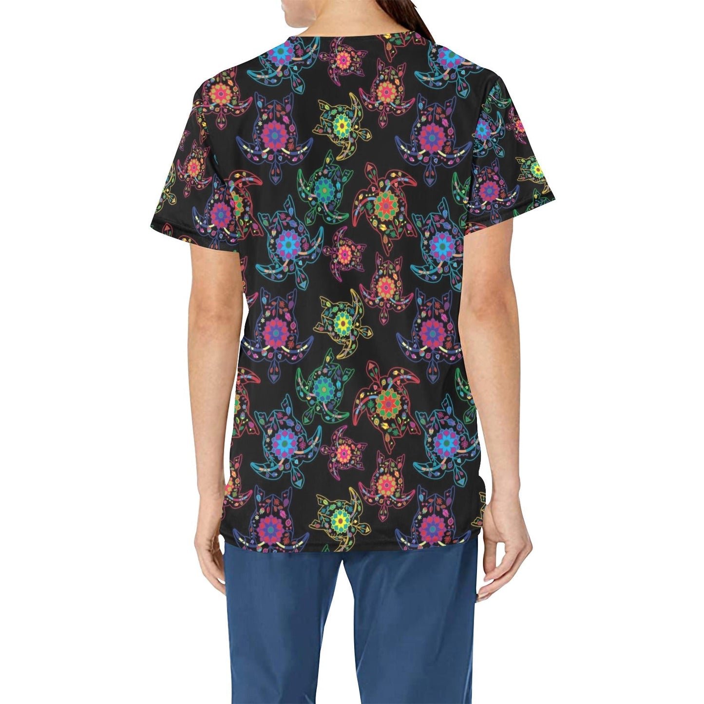 Neon Floral Turtle All Over Print Scrub Top Scrub Top e-joyer 