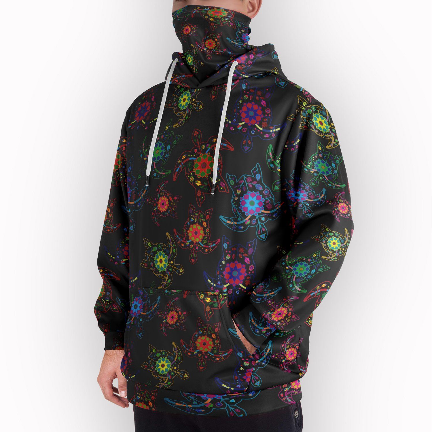 Neon Floral Turtles Hoodie with Face Cover 49 Dzine 