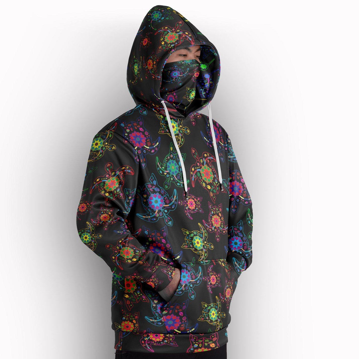 Neon Floral Turtles Hoodie with Face Cover 49 Dzine 