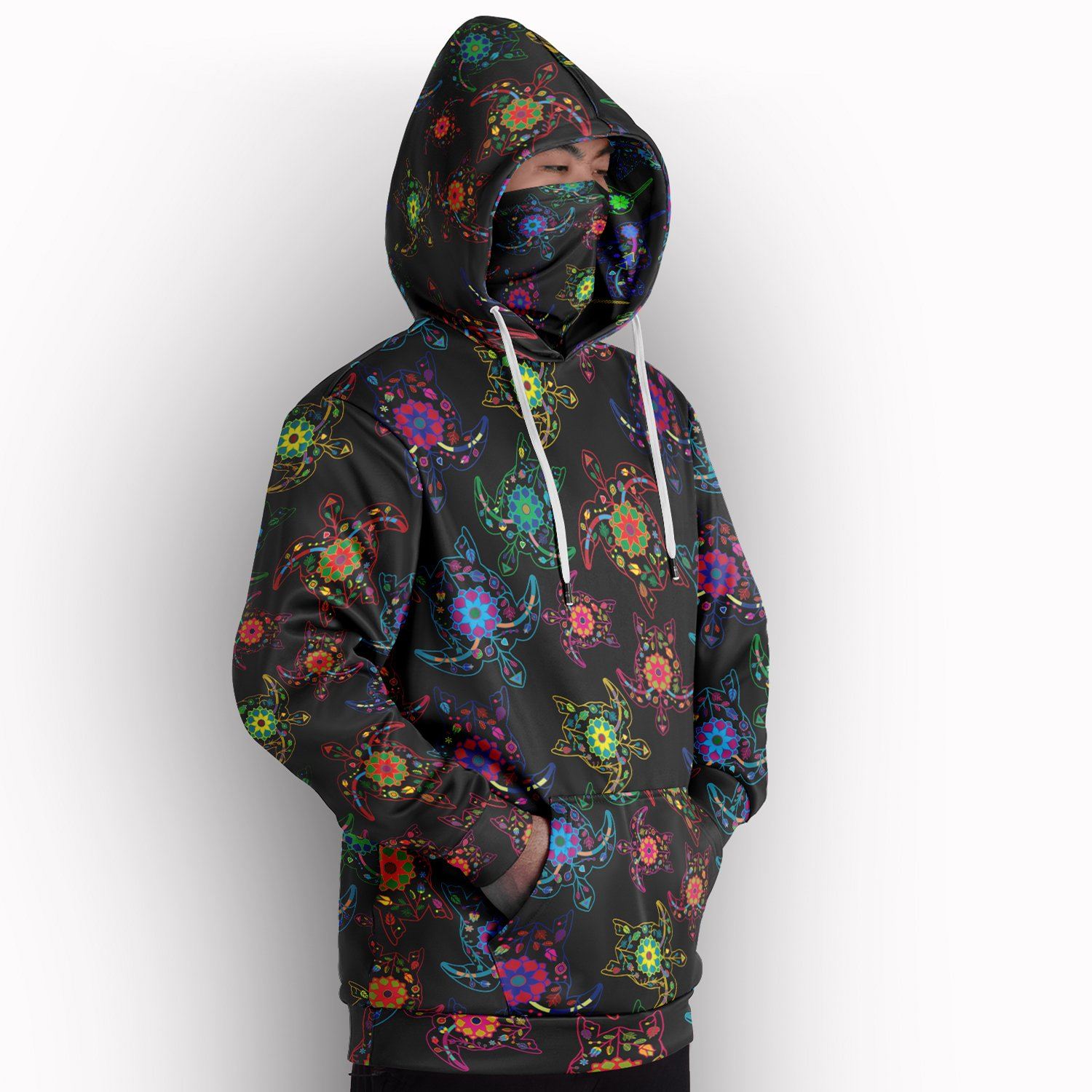 Neon Floral Turtles Hoodie with Face Cover 49 Dzine 