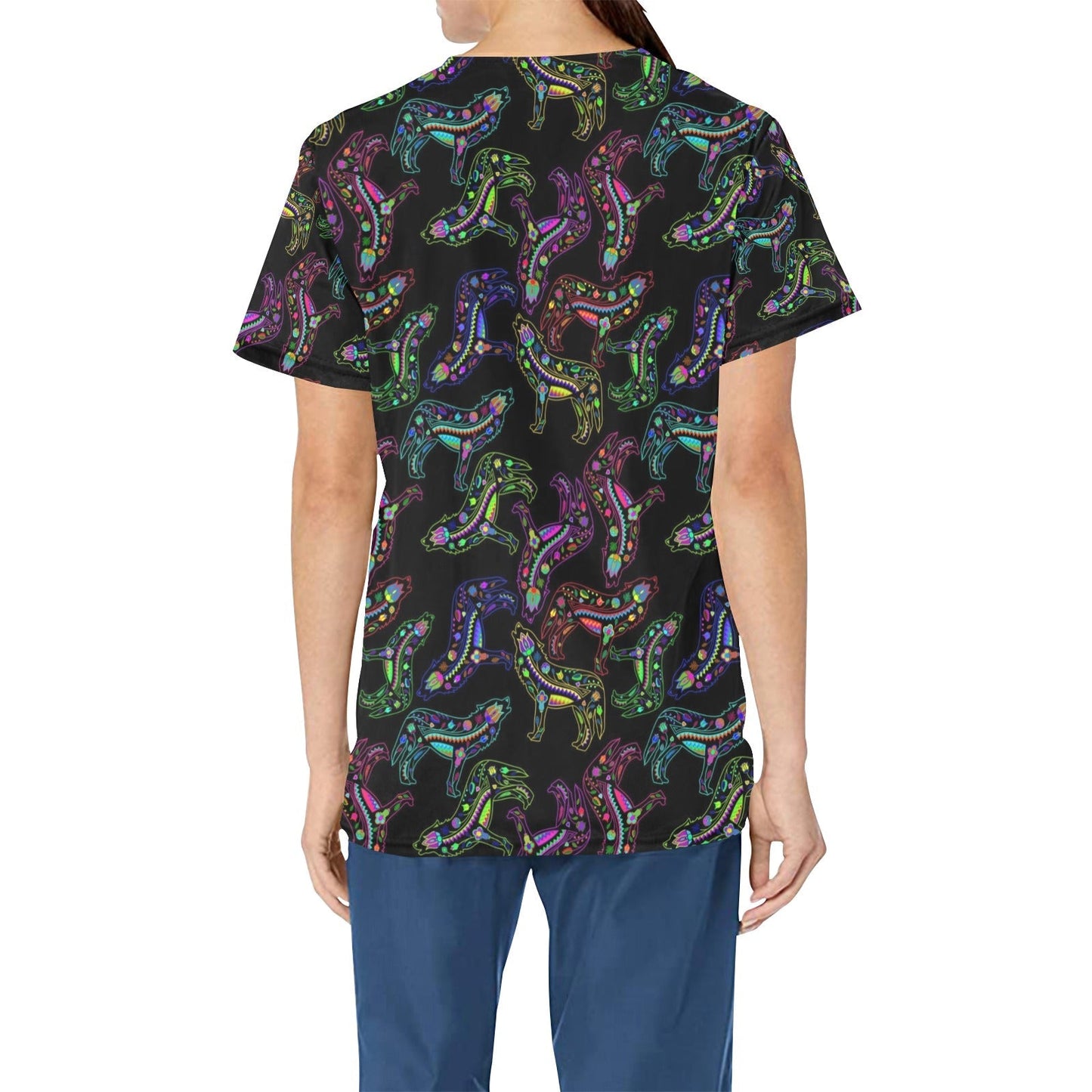 Neon Floral Wolves All Over Print Scrub Top Scrub Top e-joyer 