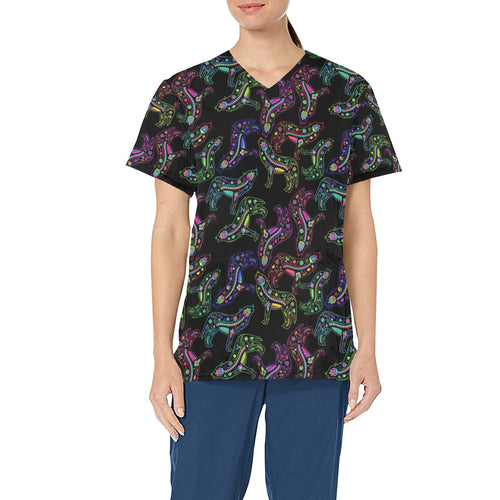 Neon Floral Wolves All Over Print Scrub Top Scrub Top e-joyer 