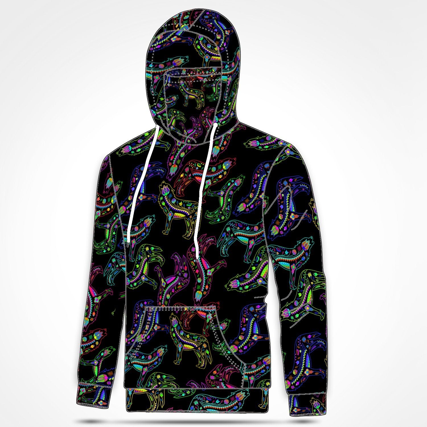 Neon Floral Wolves Hoodie with Face Cover 49 Dzine 