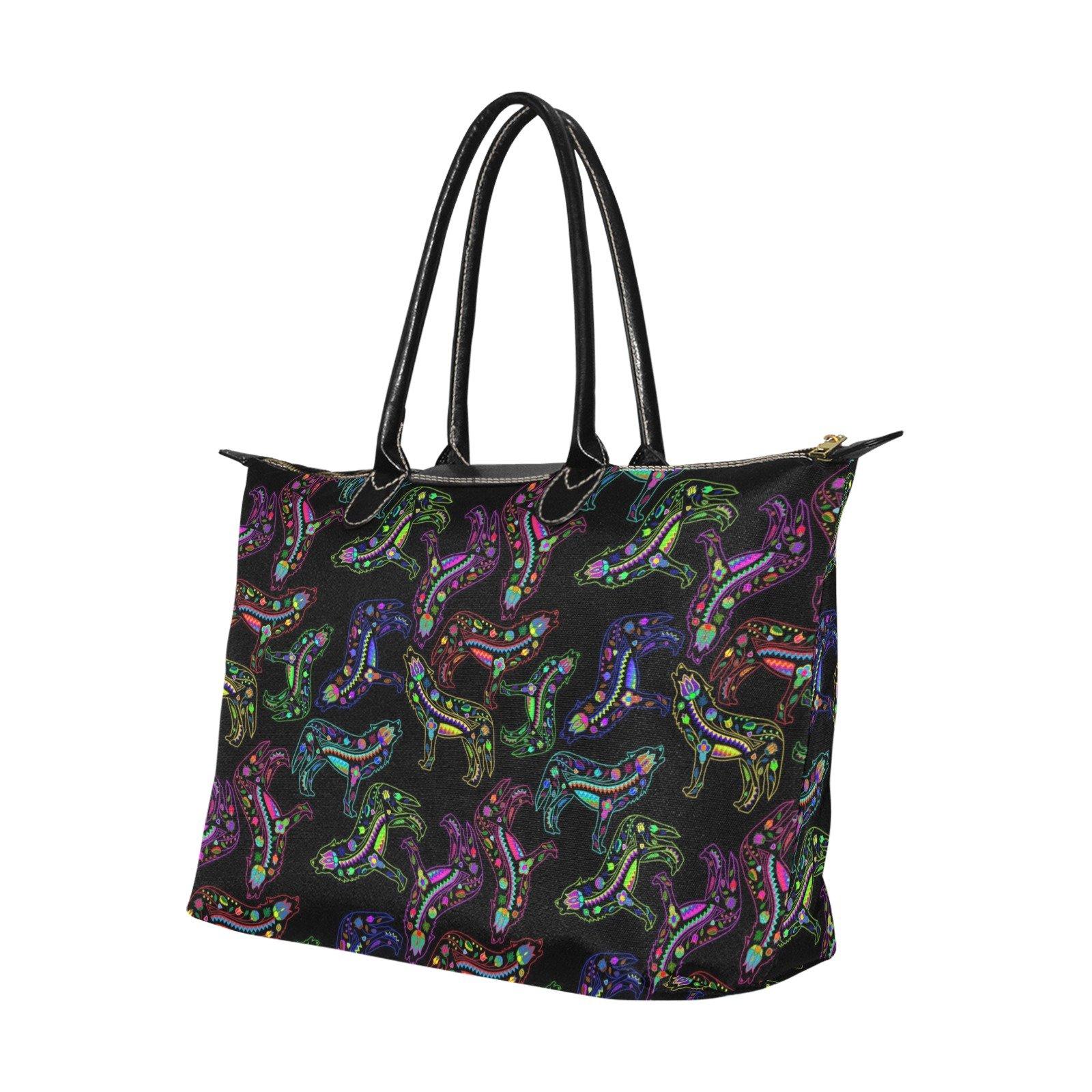 Neon Floral Wolves Single-Shoulder Lady Handbag (Model 1714) bag e-joyer 