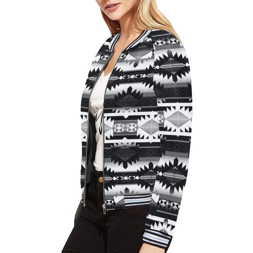 Okotoks Black and White All Over Print Bomber Jacket for Women (Model H21) All Over Print Bomber Jacket for Women (H21) e-joyer 