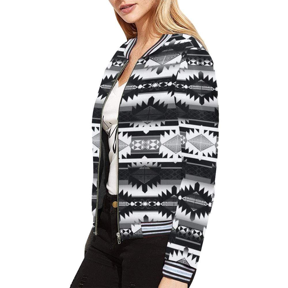 Okotoks Black and White All Over Print Bomber Jacket for Women (Model H21) All Over Print Bomber Jacket for Women (H21) e-joyer 