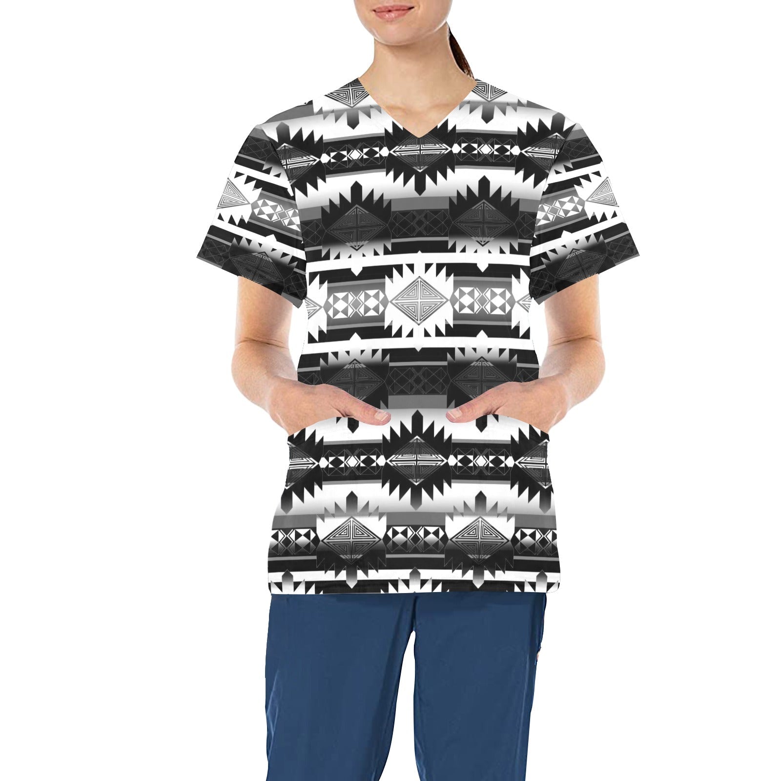 Okotoks Black and White All Over Print Scrub Top Scrub Top e-joyer 