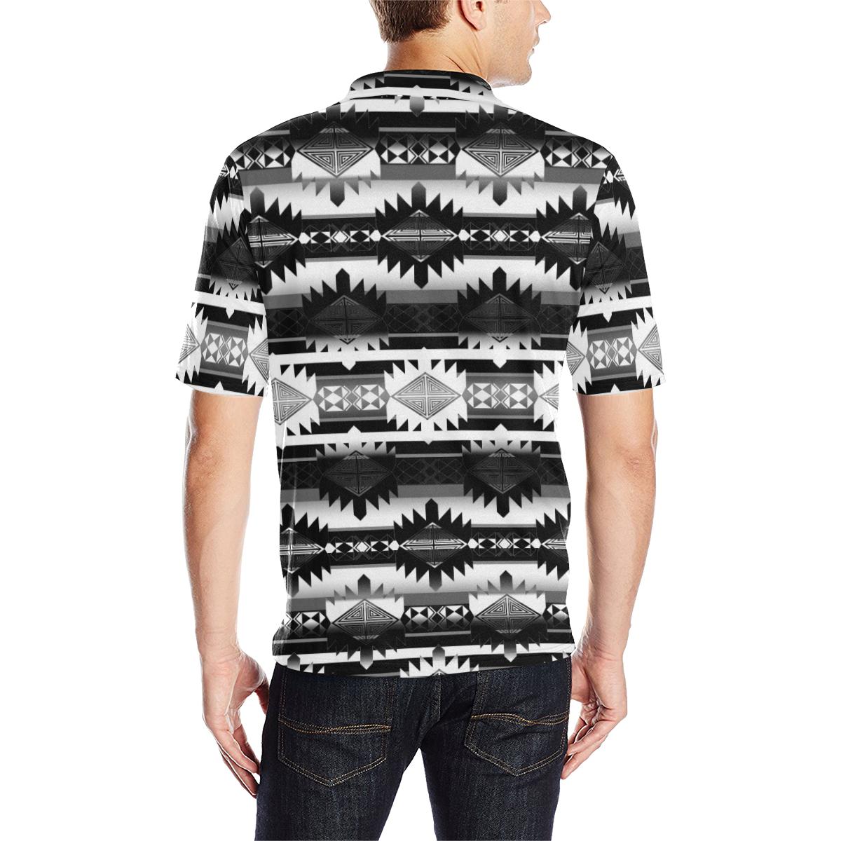 Okotoks Black and White Men's All Over Print Polo Shirt (Model T55) Men's Polo Shirt (Model T55) e-joyer 