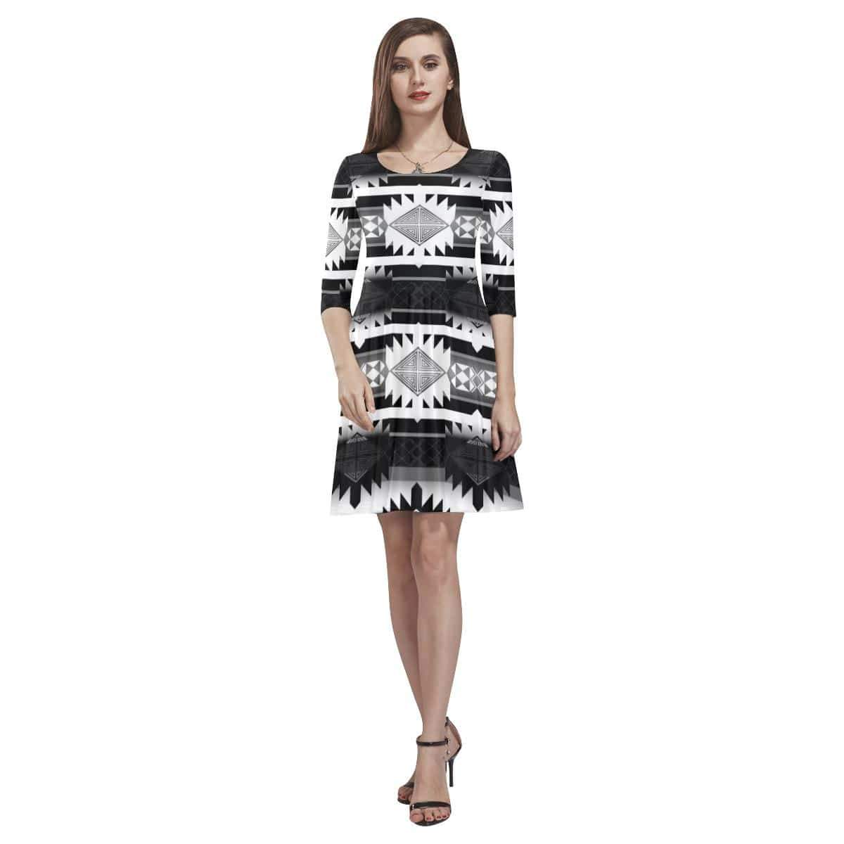 Okotoks Black and White Tethys Half-Sleeve Skater Dress(Model D20) Tethys Half-Sleeve Skater Dress (D20) e-joyer 