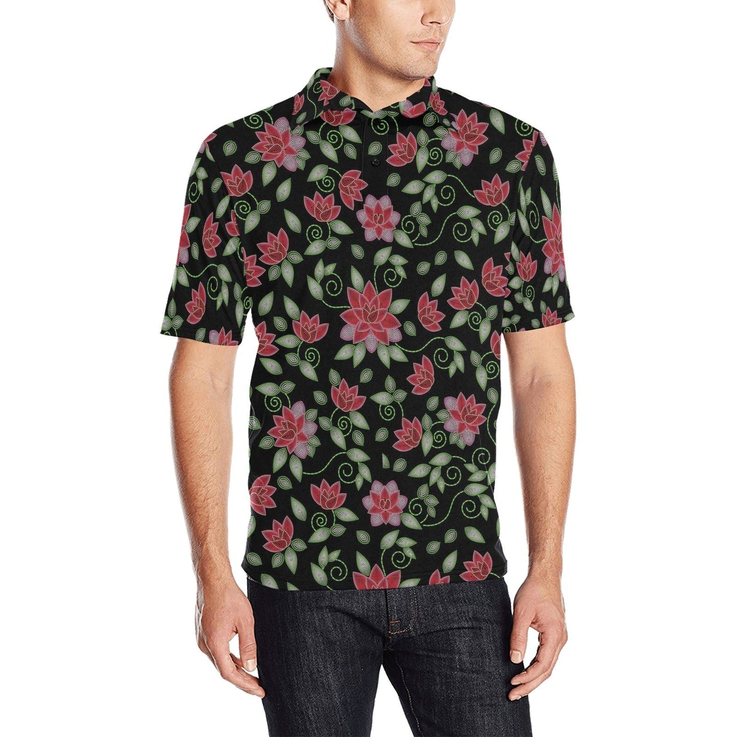 Red Beaded Rose Men's All Over Print Polo Shirt (Model T55) Men's Polo Shirt (Model T55) e-joyer 