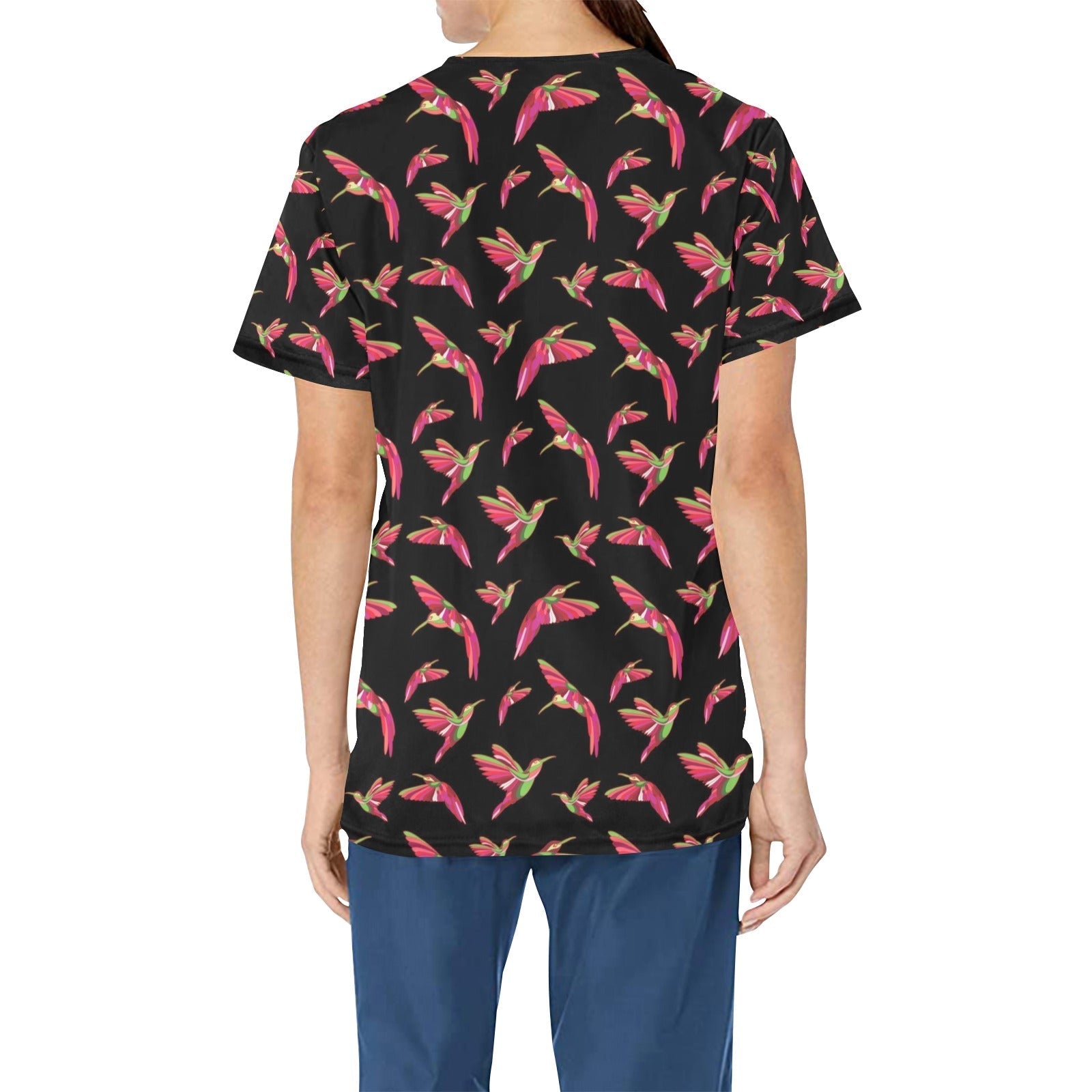 Red Swift Colourful Black All Over Print Scrub Top Scrub Top e-joyer 