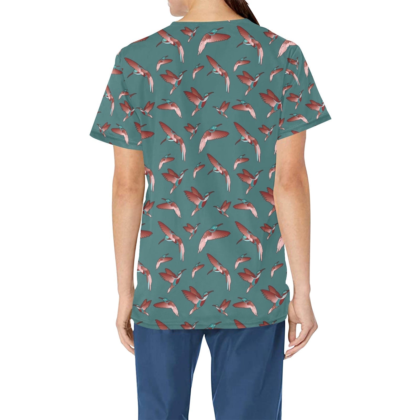 Red Swift Turquoise All Over Print Scrub Top Scrub Top e-joyer 