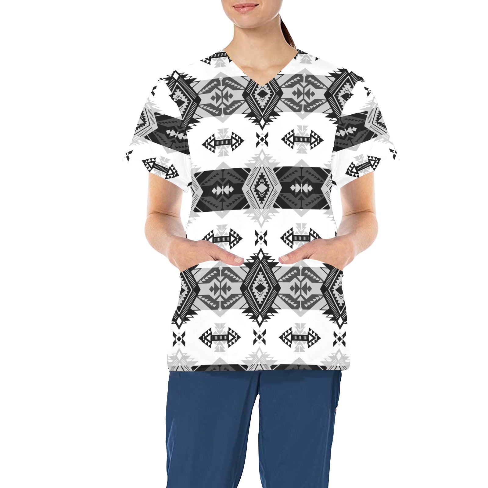 Sovereign Nation Black and White All Over Print Scrub Top Scrub Top e-joyer 