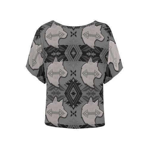 Sovereign Nation Gray with Wolf Women's Batwing-Sleeved Blouse T shirt (Model T44) Women's Batwing-Sleeved Blouse T shirt (T44) e-joyer 