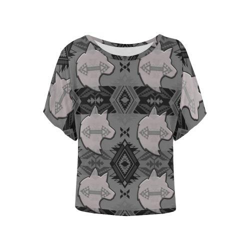 Sovereign Nation Gray with Wolf Women's Batwing-Sleeved Blouse T shirt (Model T44) Women's Batwing-Sleeved Blouse T shirt (T44) e-joyer 