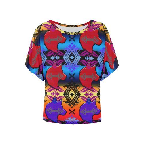 Soveriegn Nation Sunset with Wolf Women's Batwing-Sleeved Blouse T shirt (Model T44) Women's Batwing-Sleeved Blouse T shirt (T44) e-joyer 