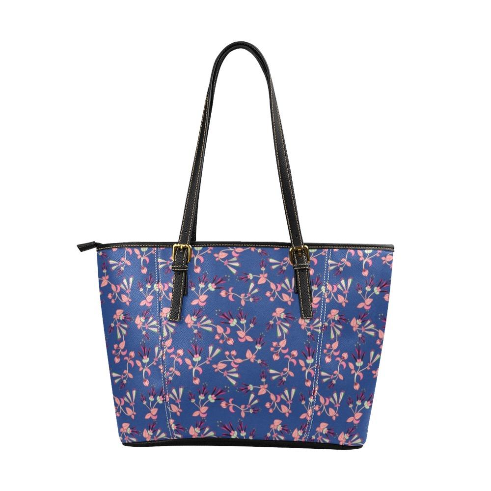 Swift Floral Peach Blue Leather Tote Bag/Large (Model 1640) Leather Tote Bag (1640) e-joyer 