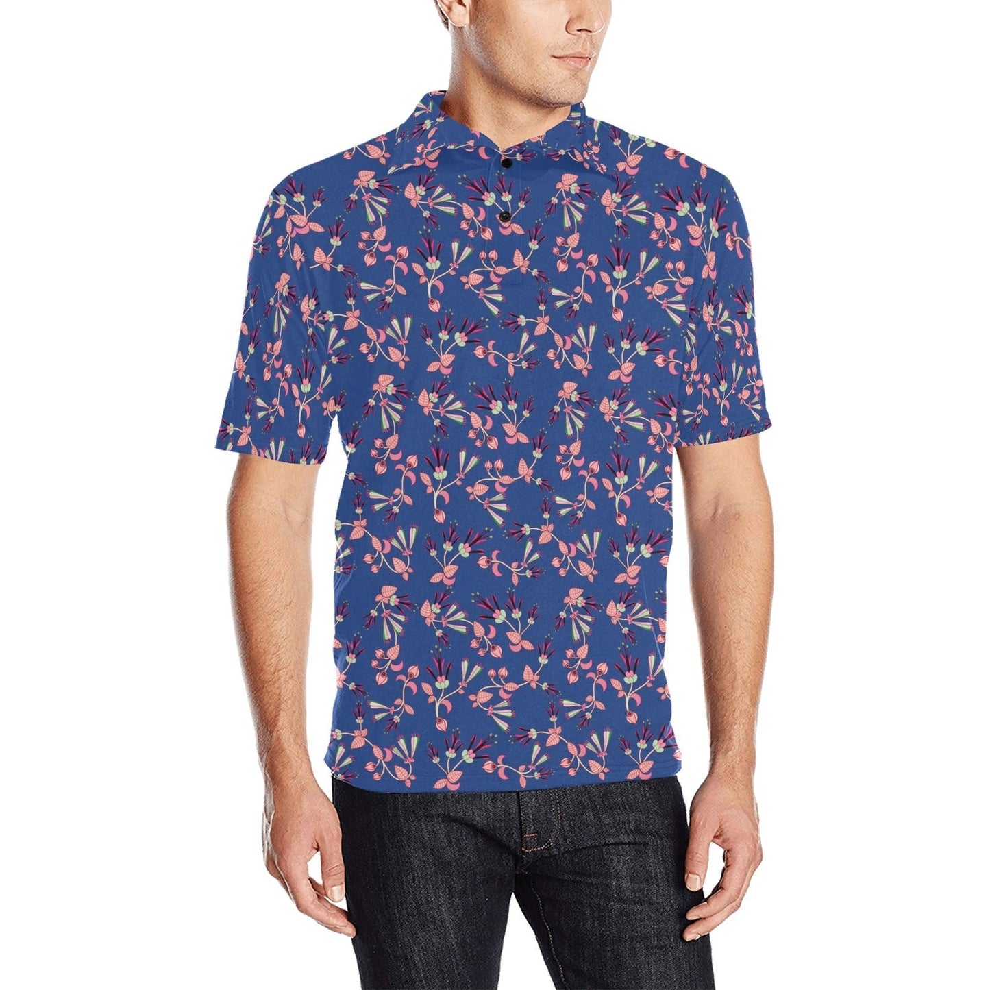 Swift Floral Peach Blue Men's All Over Print Polo Shirt (Model T55) Men's Polo Shirt (Model T55) e-joyer 