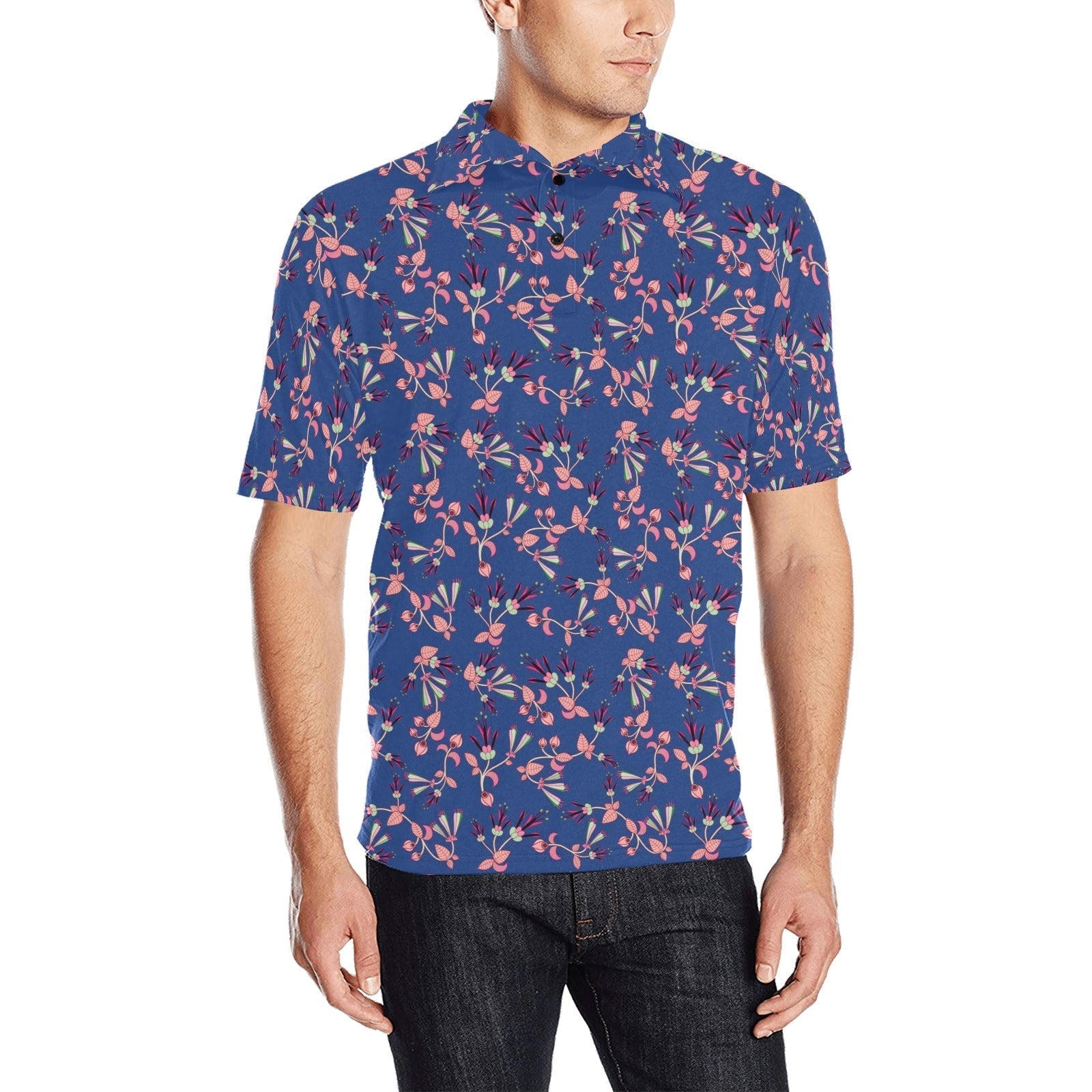 Swift Floral Peach Blue Men's All Over Print Polo Shirt (Model T55) Men's Polo Shirt (Model T55) e-joyer 