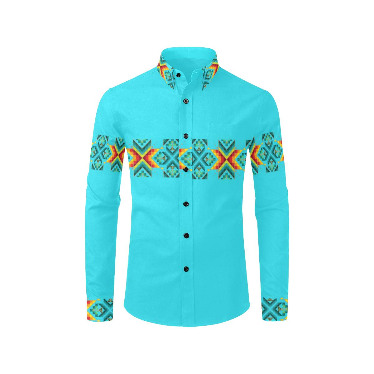 Turquoise Blanket Horizontal Strip Casual Dress Shirt by 49 Dzine