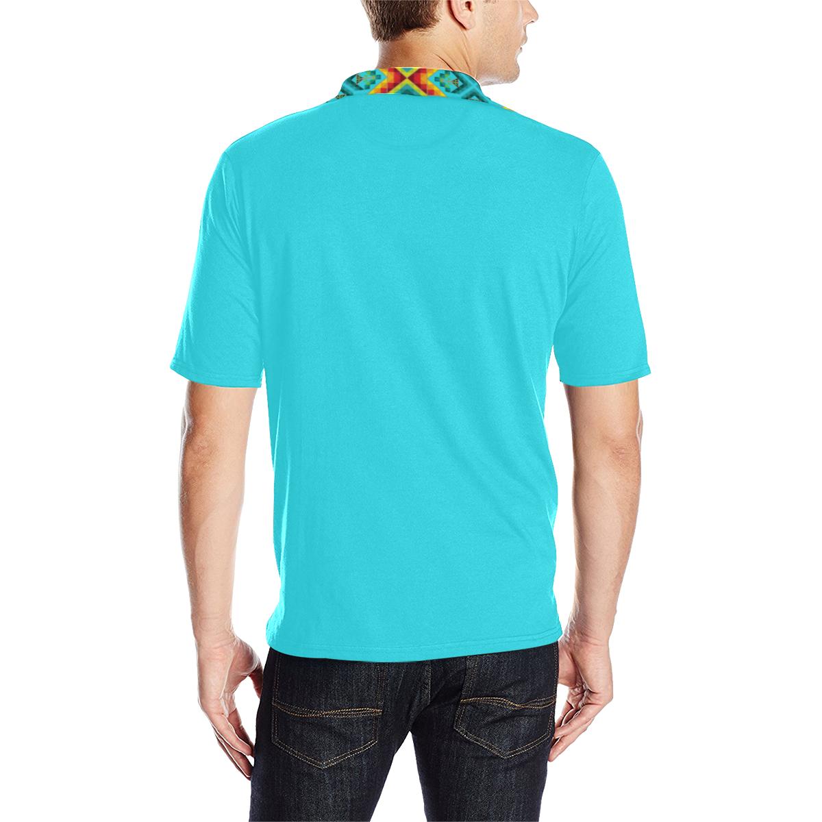 Turquoise Blanket Strip Men's All Over Print Polo Shirt (Model T55) Men's Polo Shirt (Model T55) e-joyer 