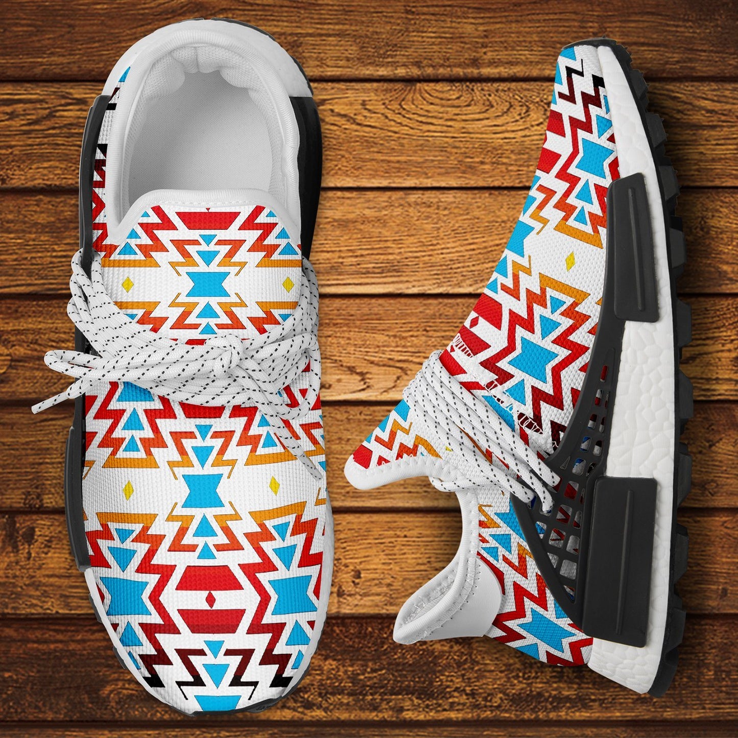 White Fire and Turquoise Okaki Sneakers Shoes 49 Dzine 